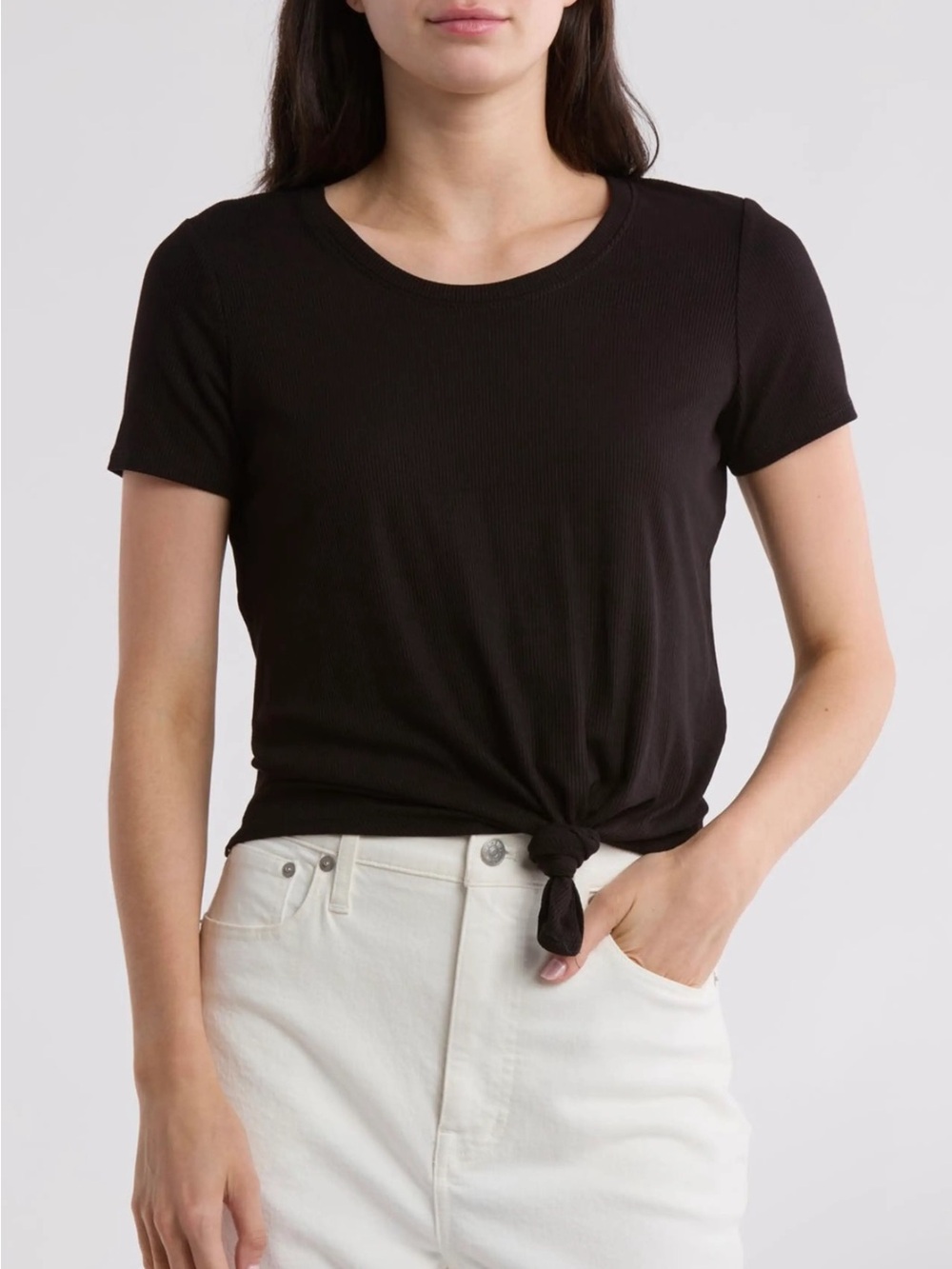 1. State Black Short-Sleeve Knot Ribbed Front Tee Size L
